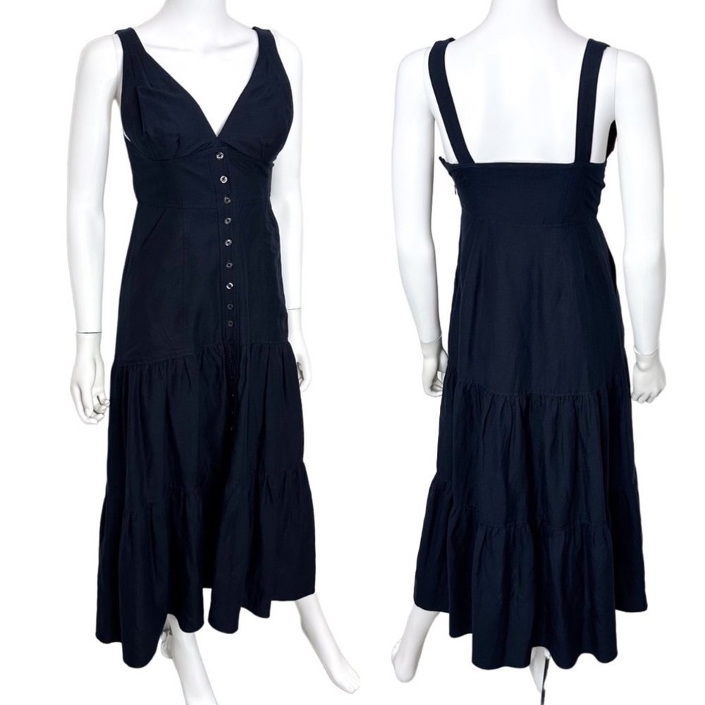 A.L.C. Jolie Silk & Linen Blend Tiered Button Front Midi Dress in Navy Blue Sz 2 - Picture 2 of 16